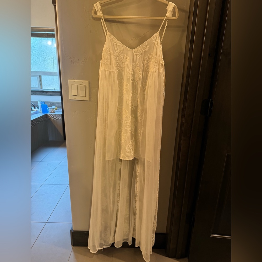 High/low lace detail silk dress